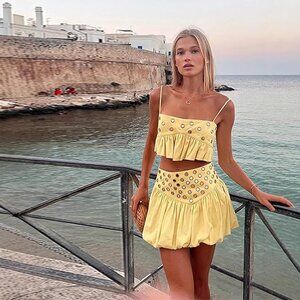 Yellow 2 Piece Summer Outfit Sleeveless Ruffle Crop Top & Mini Skirt